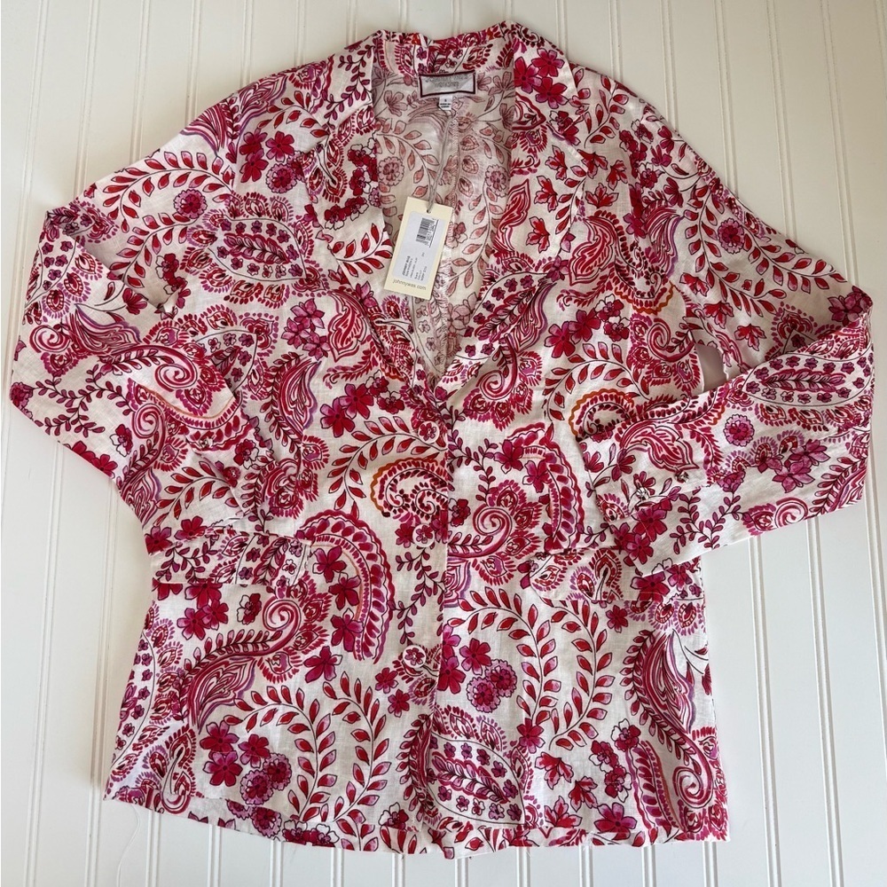 Johnny Was Womens Small Red White Floral 100% Linen Blazer Jacket NEW 1172